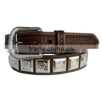 3D Western Concho Ornament Brown Basketweave Men Belt