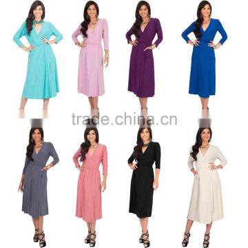 Plus Size Bridesmaids Cocktail Midi Dresses, Womens 3/4 Sleeve V-Neck Wrap Knee Length Formal Long Midi Dresses