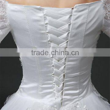 MGOO Lace Trim Hem Beaded Empire Vintage Floor Length Off Shoulder Wedding Dress Bride Grown Long Sleeve photo-6