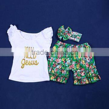 QL-20 gold stamp word flutter sleeve shirts and flower print shorts match headband toddler boutique clothes 2016