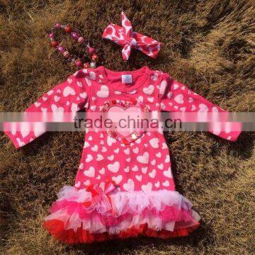 2016 new V-days dress baby girls ribbon heart hot pink white ruffle valentine dress baby kids wear clothes with accessories set