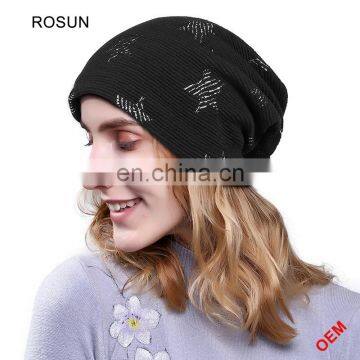 Black slouchy knit wooly beanies hat for women