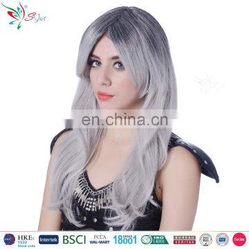 wholesale synthetic fibre long curly with side bang fashion women ombre wigs with grey hair