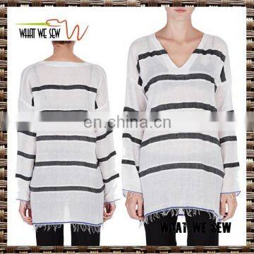 fashion womens long t-shirt big stripes hot selling ladies plain woven t shirts