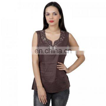 Brown Studded Neck Top for girls