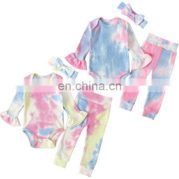 Infant Girls Clothing Sets Spring Autumn Newborn Baby Girls Tie Dye Print Long Sleeve T-shirts/Romper+Pants+Hat/Headband Outfits