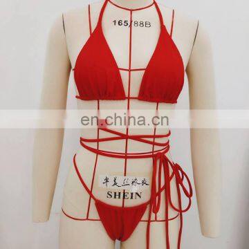 Sexy Solid Red Thong Bikini Set Bathing Suit Cross Bandage Hand Push Up Swimwear 2019 Women Padded Low Cut Swimsuit photo-4