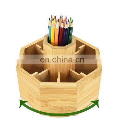 Bamboo Rotating Art Supply Desk Organizer Lazy Susan 360 Degree Rotating Pen Holder with 9 Compartments for Desktop