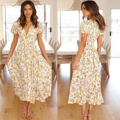 Womens Casual Summer Floral Print Shirred Waist Wrap Flowy Long Dress photo-3