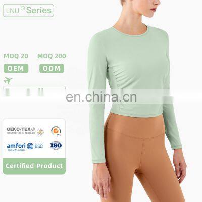 Women Fitness Long Sleeve Shirts Sport Wear Fitness Yoga Wear Long Sleeve Crop Top With Waist Fold