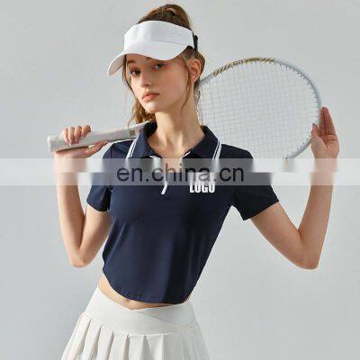 Wholesale Women Half Zip Lapel Short Sleeve T-Shirt High Quality Loose Gym Yoga Wear Workout Sports Athletic Tennis Shirt Top photo-3