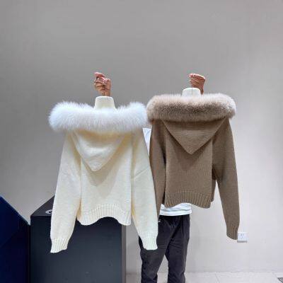 New Sweet Cream Real Fur Big Fox Fur Collar Thick Knitted Sweater for Autumn and Winter, Young Fur Coat Cardigan photo-2