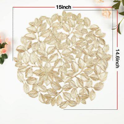 Flower Hollow Metallic Placemats Set of 6 Gold Leaf Round Placemats Non-Slip Wipeable Table Mats for Dinner,Party,Wedding Accent Centerpiece photo-2