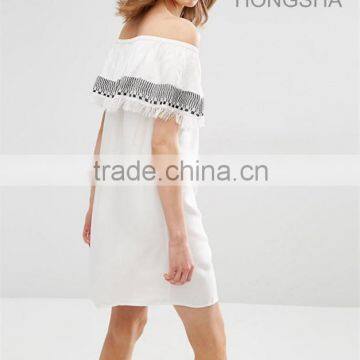 Latest Designs Off The Shoulder Machine Embroidery Tassle Dress HSD2367 photo-3