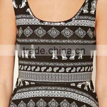 A Sleeveless Knit Skater Dress Featuring an Allover Paisley and Elephant Print, Crochet Trim, Short Sleeves, and a Round Necklin photo-3