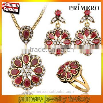 Round Flower Turkish Jewelry Set Crystal Necklaces Earrings Ruby Beads Design