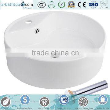 Round Bowl Porcelain Vessel Sink White Ceramic Basin With Free Drain photo-3