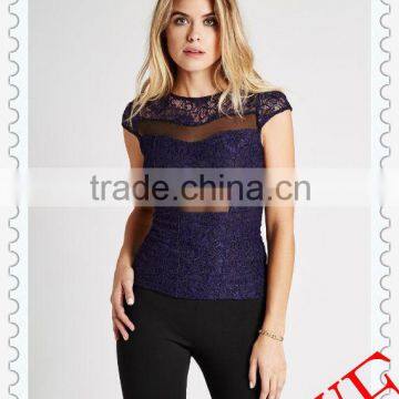 Hot Sale Woman top Sexy Crop Top Mesh Cutout Sweetheart Neckline Patchwork Cup Sleeve Tops