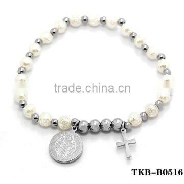 souvenirs catholic bracelet beads flower pearl handmade catholic charm stainless steel dongguan factory