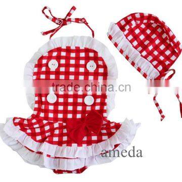 Girls Red White Check Tutu One-Piece Swimsuit with Hat