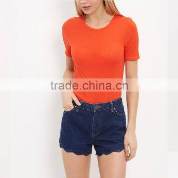 Women's Orange Basic Crew Neck Cotton Ribbed Tee Short Sleeve Stretchy Tee Shirt Top Guangzhou Supplier Manufacturer