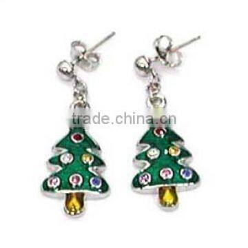 Cute metal silver christmas tree earrings , decorated with crystal and enamel,Customized Colors or LOGO and OEM design accept