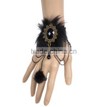 Exaggerate Black Fur Women Lace Bracelet Ellipse Rhinestone Tassel with Ring