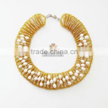 Gold Crystal with Pearl Gemstones Choker Necklace Handmade JN357