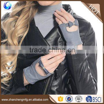 New style womens cute grey sheepskin leather car driving fingerless gloves