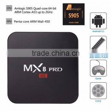 Amlogic S905 Android TV Box MX8 Pro Amlogic S905 Quad Core 4K TV Box Android 5.1 with KODI Android Media Player Smart TV Box