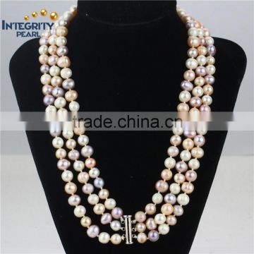 wholesale multi strand pearl necklace grade A 8-9mm potato 3 rows pearl necklace