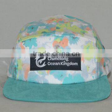 Guangzhou hat factory professional custom 100% polyester / 5 panel/camouflage with dark blue/woven label mark/flat brim hat