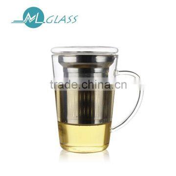 Wholesale pyrex glass teacup with infuser strainer lid handmade glass tea cup OEM ODM 400ml