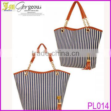 2013 Latest Design Women's Handbag Stripe Canvas Bag Chain Tassel Hangings Handbag Fashion Bag