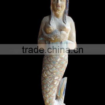 Archaistic Wood Carving Mermaid Statue,Carved Wood Sculpture For Decoration