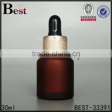 China Cosmetic Essential Oil Fragrance Perfume Dark Red Frosted 30ml Glass Bottle With Black Plastic Dropper photo-3