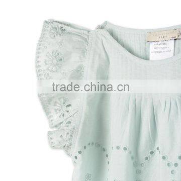 Latest Fancy Pretty Broderie Anglaise Blue Cotton Girls Top With Frilled Sleeves Kids Childerens Boutique Clothing HSd5108 photo-3