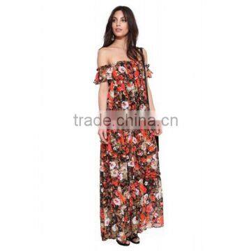 Woman off the shoulder floral print sexy chiffon long maxi dress