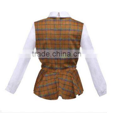 2015 Fashion Cotton Check Chiffon Ruffle Bottom Long Sleeves Direct Manufacturer High Quality Big Sleeve Blouse photo-5