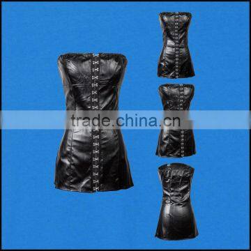 Black Faux Leather Sexy Gothic Corset Dress Front Hasp Strapless Sheath Dresses PVC Club Dress Erotic Women Fashion Dancewear photo-2