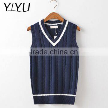 Custom Boy School Uniform Dark Blue V-neck Cable Knit Vest Sweater photo-3