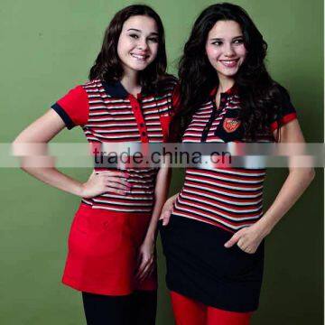 Women polo collar yarn dyed striped pajama with pocket design ladies pajama set