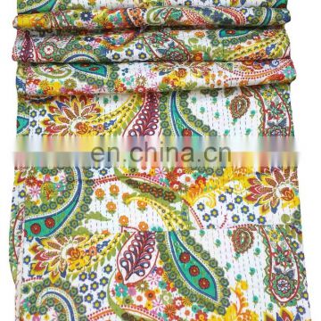 Paisley Green Indian Handmade Kantha Bedspread Quilt Throw Coverlet Art Indian Textile Queen Size Decorative Blanket Gudari