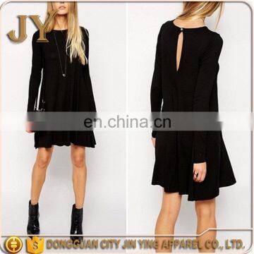 Black Summer Long Sleeve Jersey Swing Dress with Button Keyhole Back