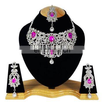 Voylla Intricate Silver Plated Indian Handmade Ethnic Kundan Zerconic Necklace set in Pink Color