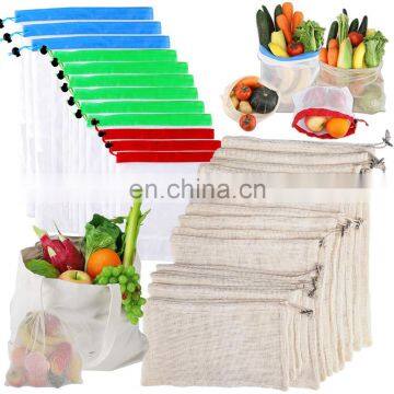 Biodegradable Organic Cotton Mesh Bags for Grocery Shopping and Storage with Tare Weight on Tags, Reusable Produce Bags