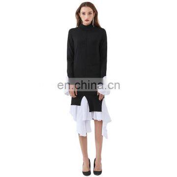 TWOTWINSTYLE Sweater For Women O Neck Long Sleeve Irregular Hem Loose Sweater Patchwork Casual