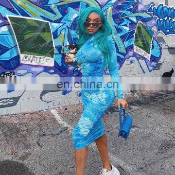 Women's Long Sleeve Dress Tie-dye Floral Print Bodycon Front Zipper Up Dress photo-3