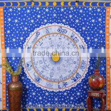 Indian Tapestry Cotton Zodiac Astro Print Blue Wall Hanging Tapestries Throw Mandala Print