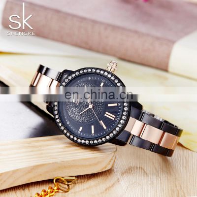 SHENGKE Classic Black Inlaid Diamond Bezel Handwatch Mature Woman Watches Waterproof Bracelet Watch